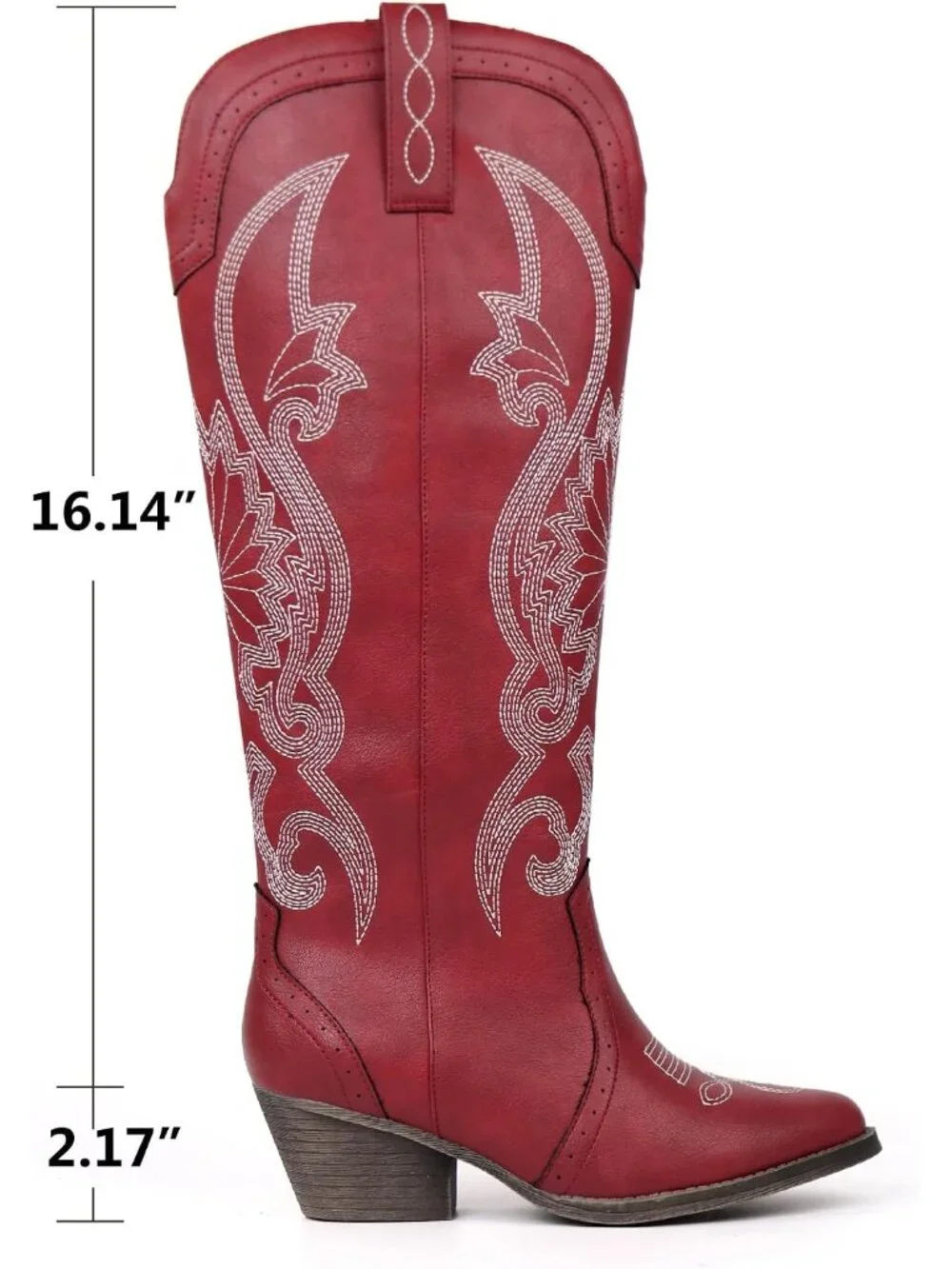 Women's Red Pointed Toe Block Heel Classic Embroidered Western Knee High Boots